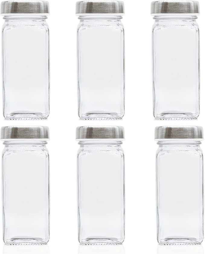 Tianifa 6pcs Spice Jars, 4 oz Glass Seasoning Bottles, Spices Container, Empty Spice Jars, Square Spice Bottles with Airtight Stainless Steel Caps with Shaker Lid