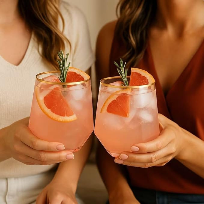 Oojami 40 Pack Disposable Plastic Wine Glasses 12 oz Diamond Pink Gold Rim | Stemless Cocktail Champagne Whiskey Cups, Shatterproof BPA-Free Unbreakable, for Wedding Party Birthday Outdoor Events