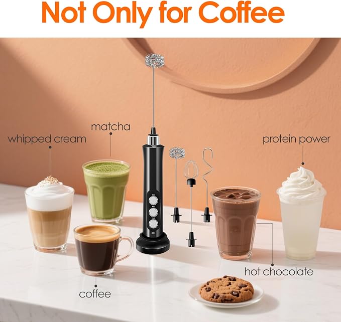 Rechargeable Milk Frother Handheld with 3 Detachable Stainless Steel Whisks, 3 Speed Adjustable Electric Whisk Foam Maker, Handheld Drink Mixer, Frother Wand for Coffee, with Storage and Charging Base
