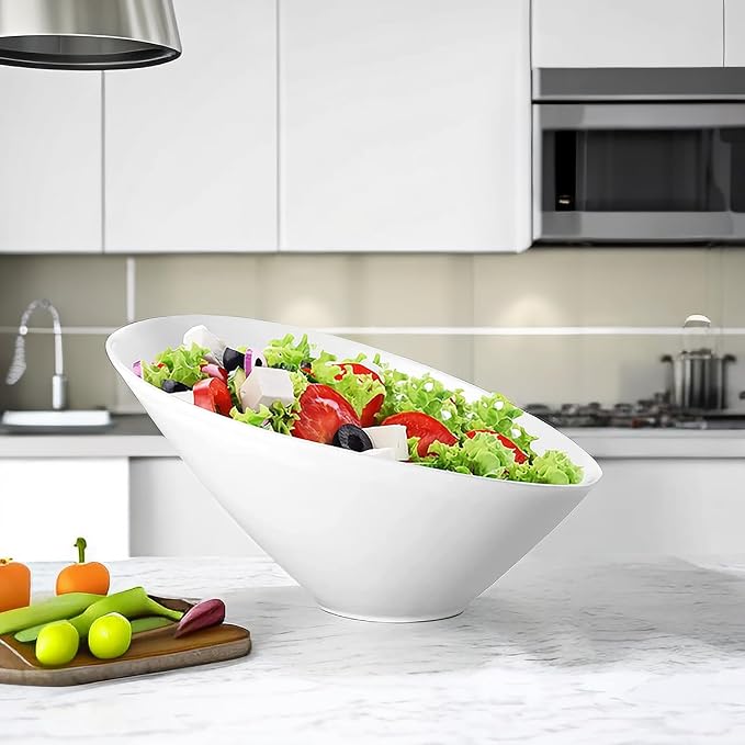 Yesland 24oz White Ceramic Serving Bowls Set of 2, 9.5" Angled Salad Pasta Bowls, Dishwasher Microwave Safe for Soup, Ramen, Cereal, Rice, Noodle, Kitchen & Restaurant Use