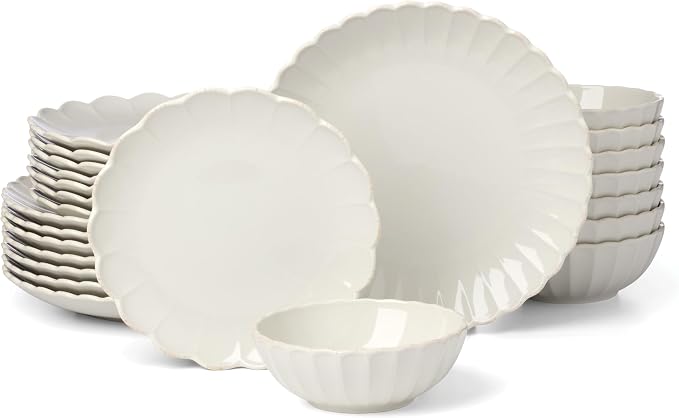 Lenox French Perle Scallop White Stoneware 24-Piece Dinnerware Set for 8 | dishwasher safe | plates and bowls sets for kitchen and dining | 11 inch plate, dish set, dishes | 2.25 inch, 16oz