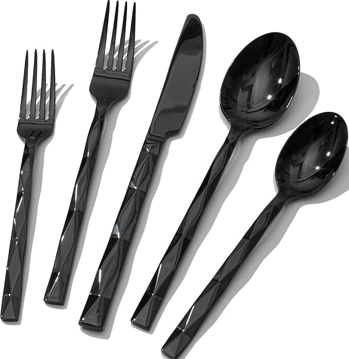 Black Silverware Set, Luxury 40 Piece Flatware Set for, 18/10 Stainless Steel Cutlery Set with Diamond Cut Pattern for Kitchen, Home, Wedding, Party, Mirror Polished and Dishwasher Safe
