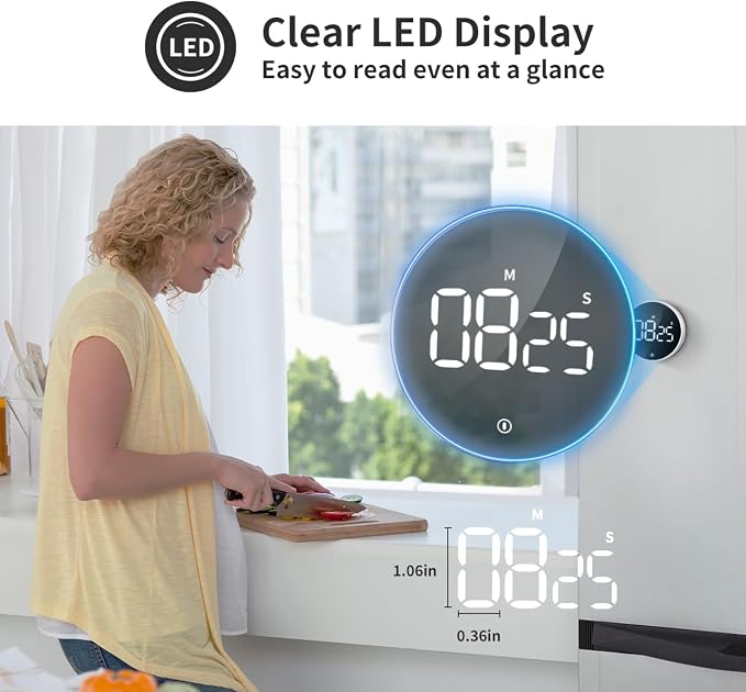 Digital Magnetic Kitchen Timer & Stopwatch with LED Display, White | Up to 99:55 Countdown & Count Up , Easy Twist Control, Adjustable Volume & Brightness, Magnetic Back, Battery Powered