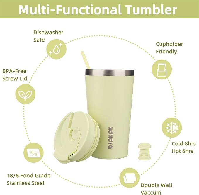 BJPKPK 18 oz Coffee Tumbler with Straw, Insulated Stainless Steel Cup | Double Wall Vacuum, Leak Proof, Keeps Hot/Cold, BPA Free, Dishwasher Safe, Cupholder Friendly, Travel, Macaron Green