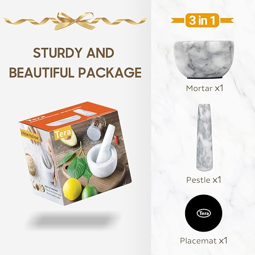 Tera Mortar and Pestle Set Marble Small Bowl Solid Stone Grinder Spice Herb Grinder Pill Crusher White, Diameter 3.93"