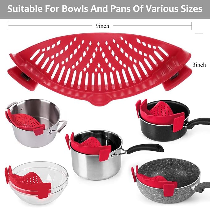 YEVIOR Clip on Strainer for Pots Pan Pasta,Silicone Food Pan Strainer | Food-grade BPA-free,Kitchen Food Strainer for Spaghetti, Pasta,Vegetable Fruits Fits All Bowls and Pots (Red)