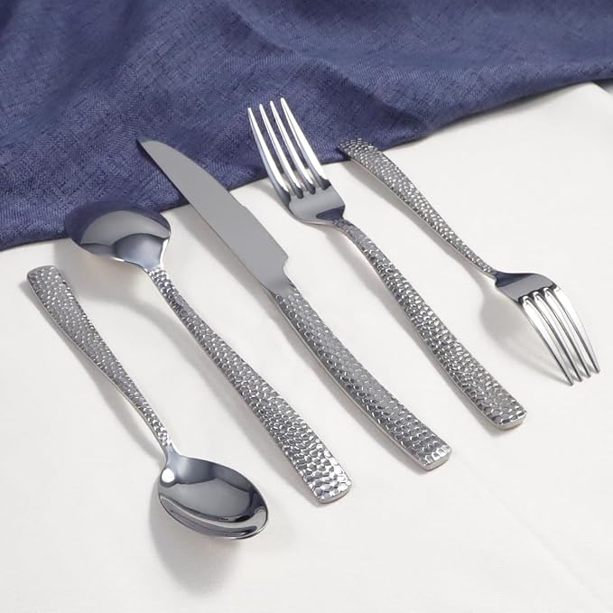 Hammered Silverware Set, 20 Piece Stainless Steel Flatware Set for 4, Food-Grade Tableware Cutlery Set for Home Restaurant, Mirror Polished, Dishwasher Safe