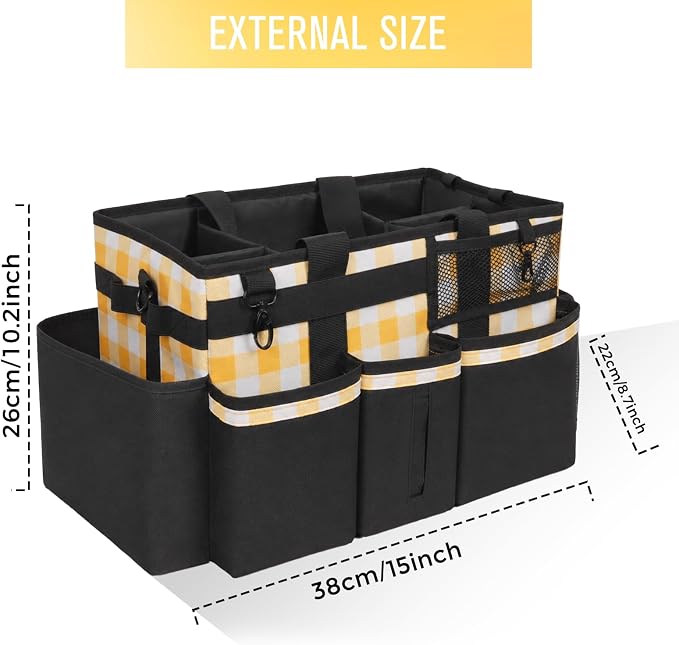 SCAVATA Wearable Cleaning Caddy, Cleaning Caddy Supplies Organizer with Handle & Shoulder Straps for Housekeepers, Under Sink & Car Cleaning Tool Organizers Bag with 4 Foldable Divider (YellowPlaid)