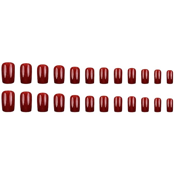 Fall Press on Nails Medium Square Fake Nails with Full Cover Glossy Designs Nails Press ons Red Acrylic Nails Simple Stick on Nails for Women 24 Pcs