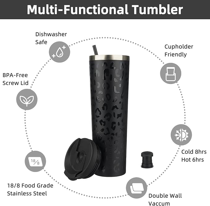 BJPKPK 34oz Coffee Tumbler with Straw, Insulated Stainless Steel Cup | Double Wall Vacuum, Leak Proof Lid, Keeps Hot/Cold/Iced, BPA Free, Travel & Outdoor, Black Leopard