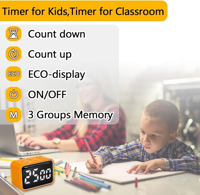 Digital Mini Timer Rechargeable, ON/Off Led Display Count Down/Up, 3 Preset Memory Times Loud Alarm Desk Timer for Kids Classroom Office Kitchen Cooking, Blue