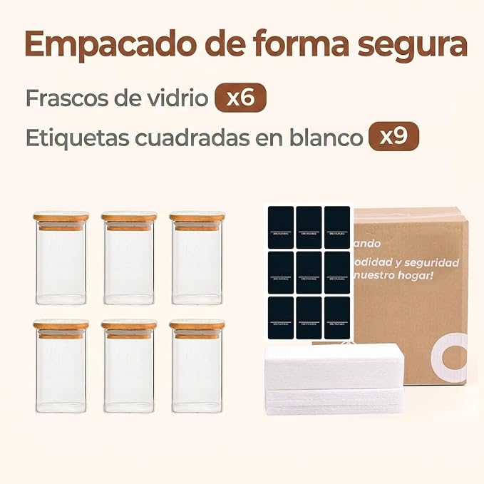 ComSaf Glass Spice Jars with Labels 8 oz 6 Pack Square Bamboo Lids | Empty Containers, Seasoning Herbs Powders, Salt Pepper Chili, Kitchen Cabinet Storage Starter Set, Dry Goods