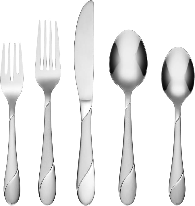 Cambridge Swirl Sand 89-Piece 18/0 Silverware Set for 12, Flatware | sand, dishwasher safe | includes serving spoons and utensil set | heavy duty, cutlery set for kitchen and dining