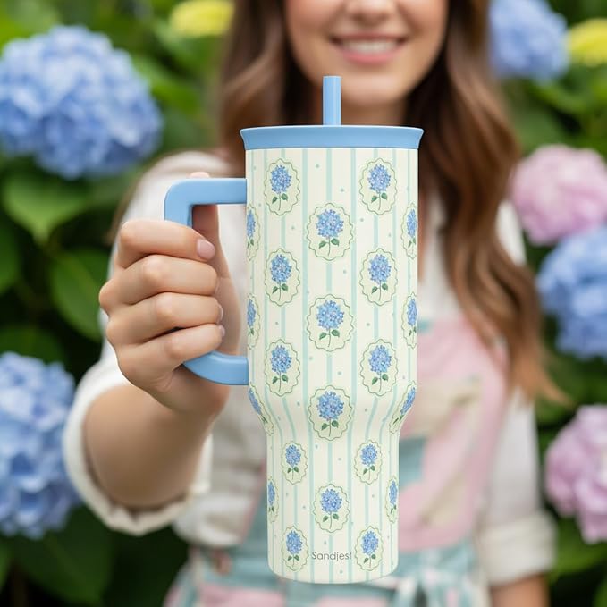 SANDJEST Hydrangea 40oz Tumbler with Handle and Straw, Floral Insulated Stainless Steel Travel Coffee Mug for Women Girls, Gift Idea for Birthday Christmas Mothers Day