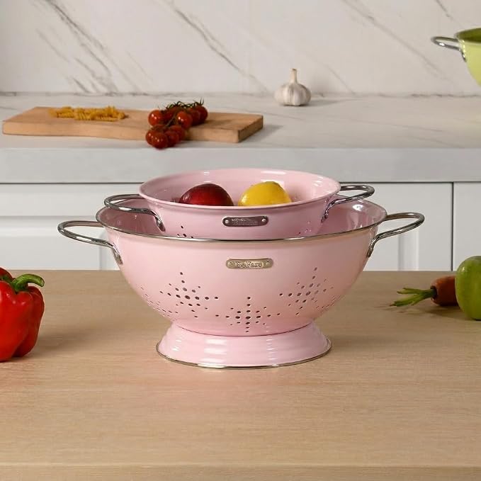 Metal Colander 2 Pack, Strainer Bowel with Handles 2Qt & 6Qt Powder Coated Solid Ring Base Heavey Duty Kitchen Drainer Basket for Pasta Veggies and Fruits,New Home Apartment Essentials (Pink)