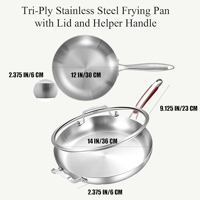 Inqibee 12-14 Inch Tri-Ply Stainless Steel Frying Pans Set with Lid | Fast & Even Heating, 14 Inch Large Skillet with Removable Silicone Handle, 12 Inch Skillet, Induction Ready, Dishwasher Safe