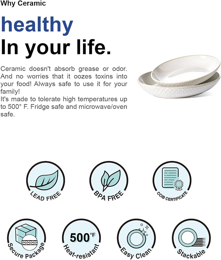LE TAUCI Ceramic Serving Bowls Set of 2, Large Serving Dishes for Entertaining, 11.8 & 13.7 Inch Oval Serving platter, Salad Fruit Bowl, Pasta Bowls, Microwave & Dishwasher Safe - Arctic White