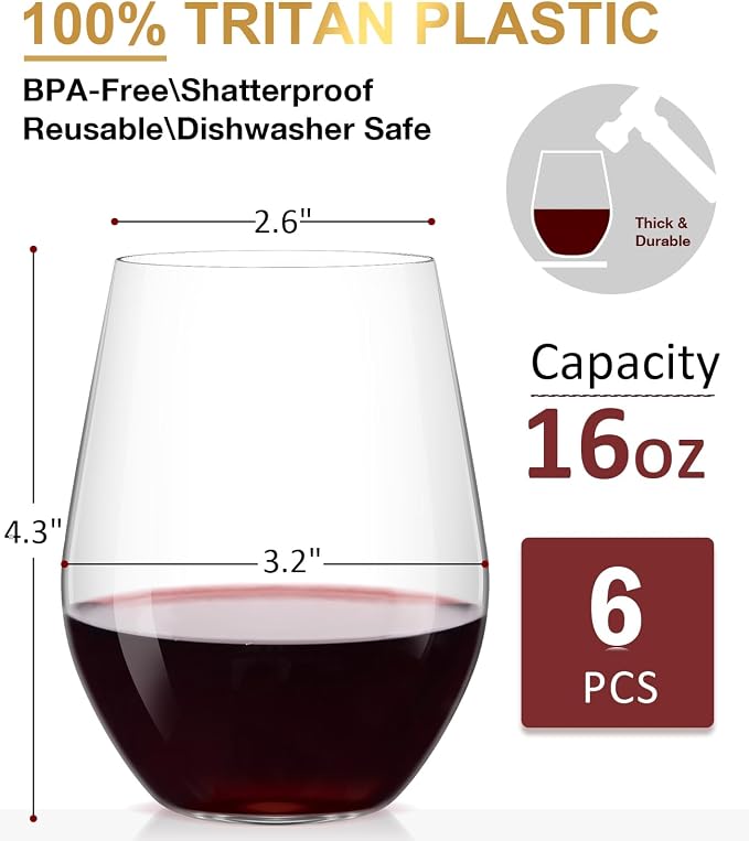 OJA Unbreakable Tritan Plastic Stemless Wine Glasses,16 oz,Set of 6,Outdoor | Shatterproof Wine Glass, Clear, BPA-free, Reusable, Dishwasher-Safe, Drinking Glassware for Poolside, Camping, Party