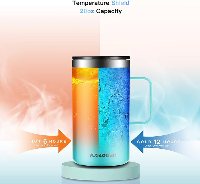 KXIAOCHEN 2-Pack 20 oz Insulated Coffee Mugs, Coffee Cups with Wide Handles | 18/8 stainless steel, sliding lids, 6+ hours hot or 12+ hours cold, wide mouth, no-sweat, for office, home, camping and gifts