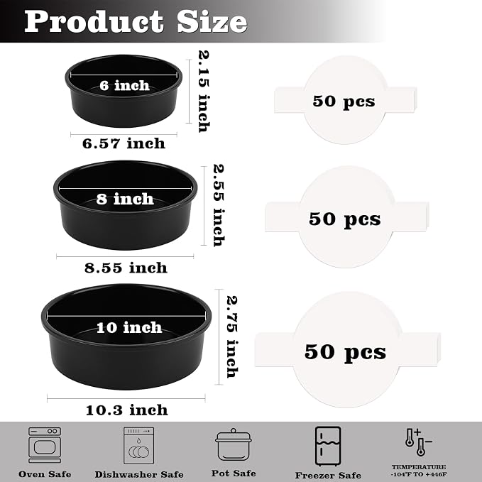 HUAKENER 3 Pack Round Cake Pans, Carbon Steel Pan with Parchment Paper | 6" 8" 10 Inch Circle Cake Pan with 150 Pieces Parchment Paper, Non-stick Cake Baking Pans, Dishwasher Safe