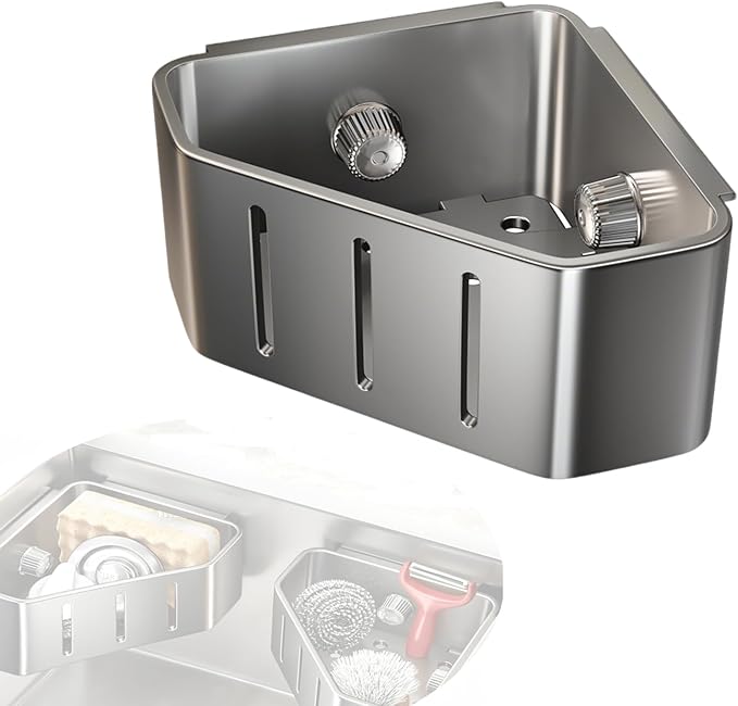 Suction Cup Sink Organizer, Stainless Steel Sink Caddy with Strong Suction Cups That Won't Tip Over, Large Capacity Kitchen Sink Organizer Countertop Space Saver