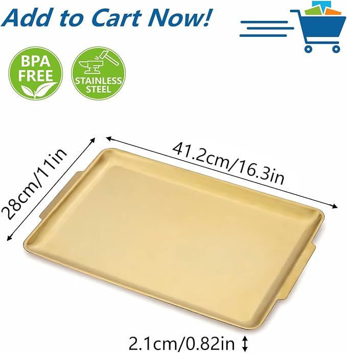 16.3" x 11" Large Serving Platters, Stainless Steel Heavy-Duty Large Serving Trays, Gold Rectangular Plates for Food, Fruit, Party, Wedding, Christmas, Chip and Scratch Resistant