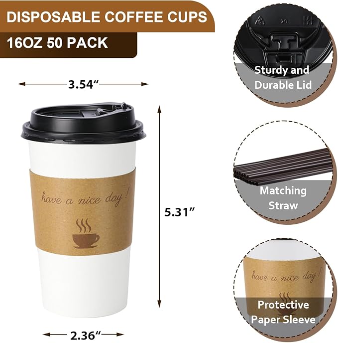 BYSNOW 16 oz 50 pack Disposable Coffee Cups with Lids, Sleeves & Stirrers | Paper Hot Coffee Cups with Lids, Sleeves and Stirring Sticks, To Go Cups for Home, Office, and Cafe (White 16oz)