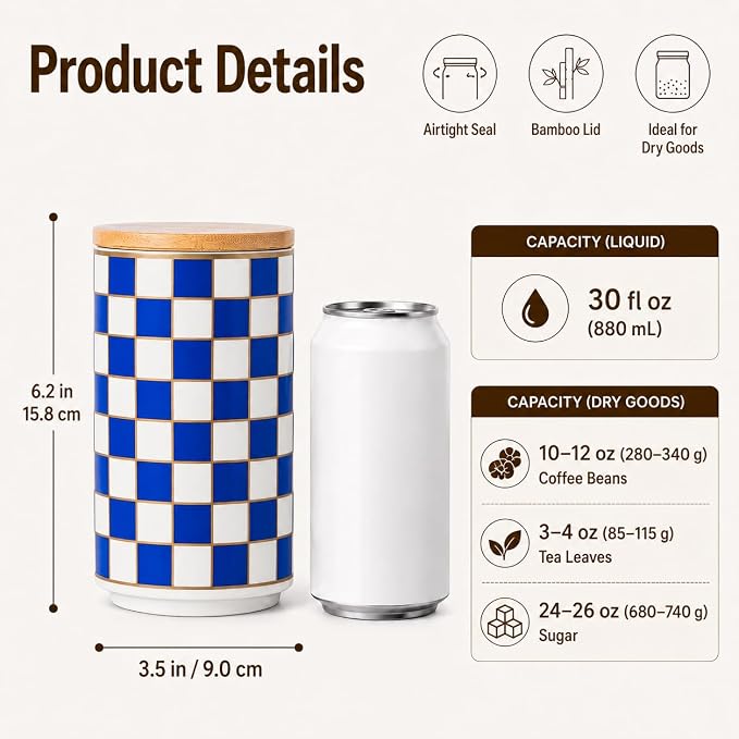 Kitchen Countertop Ceramic Checkered Canisters,Black And White Food Storage Containers With Lid,Airtight Kitchen Canisters for Flour, Sugar, Coffee, Tea, and Dry Goods (Blue, Large)