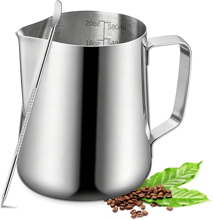 Milk Frothing Pitcher, 600ml (20oz) Milk Frother Cup Stainless Steel Jug Steaming Pitcher, Milk Coffee Cappuccino Latte Art Barista Steam Pitchers Milk Jug Cup with Decorating Pen