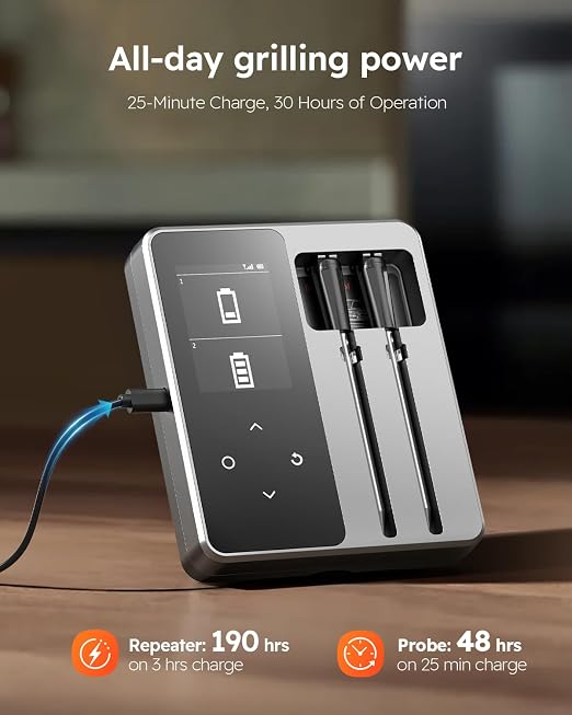 Smart Bluetooth Wireless Meat Thermometer with 6 Sensors,0.5S Instant Read | ±0.5°F digital thermometer, Standalone Base, APP Control & Real-Time Alert, 2 Ultra-Thin Probes for BBQ,Grill, Smoker,Oven