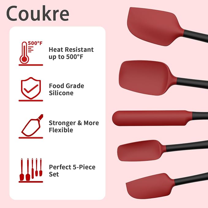Coukre Silicone Spatula Set of 5,High Temperature Resistant, Food Grade Silicone, Dishwasher Safe, for Baking, Cooking (Red Black)