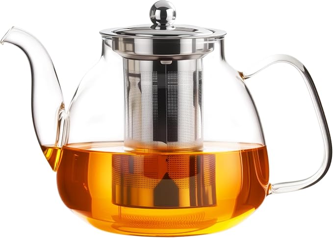 PARACITY Tea Pot with Infuser and Lid, 40 oz Stovetop Glass Kettle, Clear | Borosilicate body has a removable 18/8 stainless steel strainer, wide mouth and eagle-beak spout for loose leaf or blooms