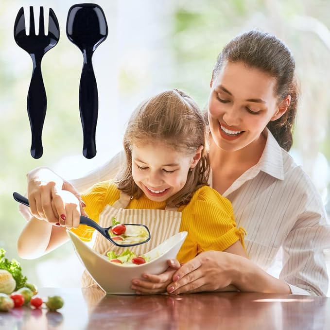 24Pcs Black Plastic Serving Utensils, Spoons Forks and Tongs Set | Disposable party serving utensils for dinner parties, buffets, salad, noodles, soup and weddings, black serving supplies