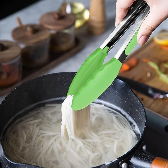 HINMAY Mini Tongs with Silicone Tips 7" Cooking Tongs, Set of 3 (Green)