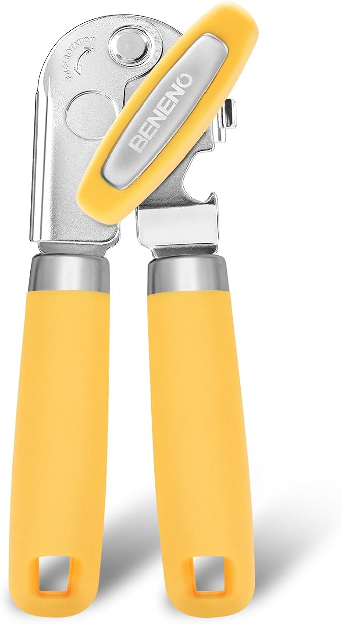 Beneno Heavy Duty Hand Can Opener Manual with Magnet Lid Remover, Yellow | Razor-Sharp Carbon Steel Blade, Precise Smooth Cutting Gear, Big Effort-Saving Knob, Soft Grip Handle, Built-in Bottle Opener