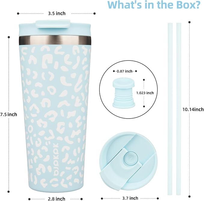 BJPKPK 22 oz Coffee Tumbler with Straw, Insulated Stainless Steel Cup | Double Wall Vacuum, Leak Proof Lid, Keeps Hot/Cold/Iced, BPA Free, Cupholder Friendly, Travel, Light Blue Leopard