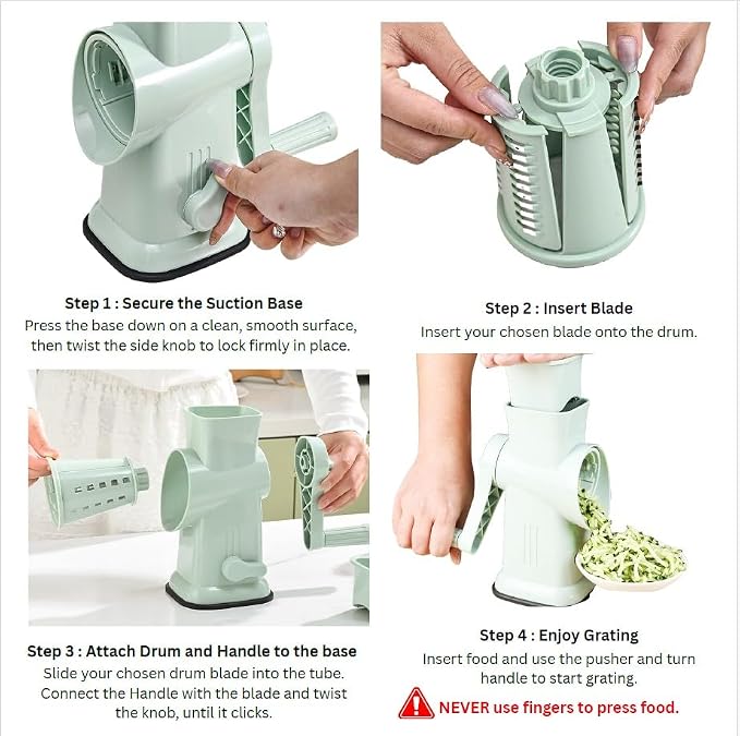 Rotary Cheese Grater with Hand Crank – 6-in-1 Cheese Shredder, 6 Stainless Steel Blades, Reinforced Suction Base, Grater for Cheese, Vegetables, Nuts