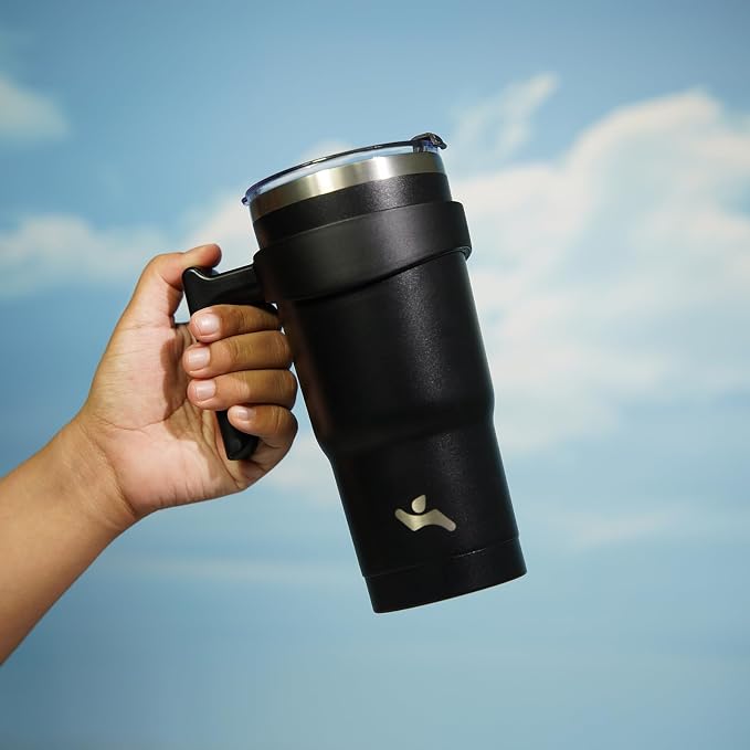 Konokyo 20 oz Tumbler with Handle and Straw, Insulated Travel Mug | Black; BPA-free, leak-proof tumbler with 2 lids, 2 straws, cup holder fit for coffee, office, travel & daily use