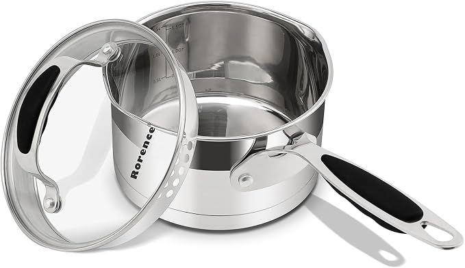 Rorence 1.5 QT Stainless Steel Saucepan, Sauce Pan with Silicone Coated Handles and Pout Spouts, Induction Small Cooking Pot with Clear Transparent Tempered Glass Lid for All Stoves, Dishwasher Safe