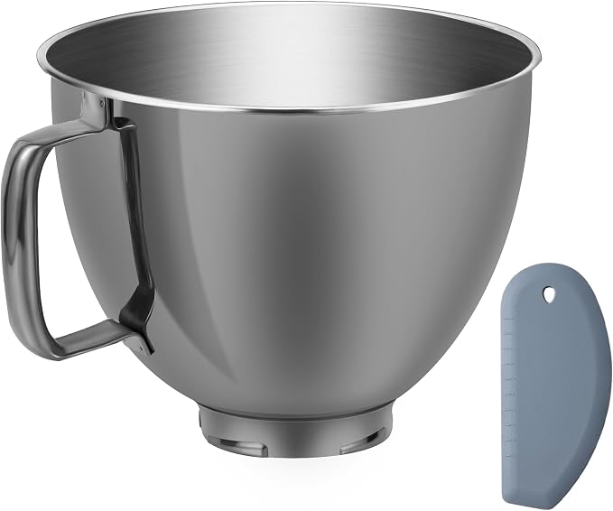 5 Quart Metallic Finish Stainless Steel Mixer Bowl for KitchenAid Classic&Artisan Series 4.5-5 QT Tilt-Head Mixer, Gray Color, Silicone Scraper, Dishwasher Safe, Fit K45SS KSM75 KSM90 KSM150
