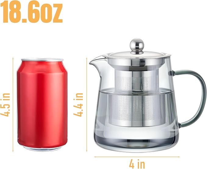 PARACITY Clear Teapot, Glass Kettle with Infuser, Tea Maker, 18.6 oz, Black | 550 ml borosilicate stovetop tea brewer with removable 18/8 steel strainer for loose leaf, blooming tea, fruit tea or bags