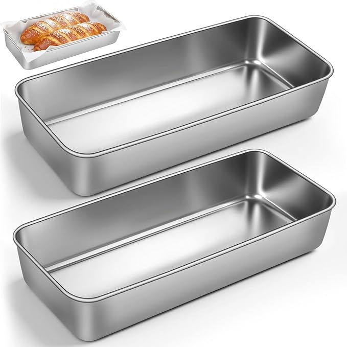 Large Loaf Pans, 12 x 5 Inch Stainless Steel Loaf Pans for Baking | 2 Pack Bread Pans Tins w/ Parchment, Bread Loaf Baking Pan for Meatloaf, Cake, Brownies, Non Toxic, Oven & Dishwasher Safe