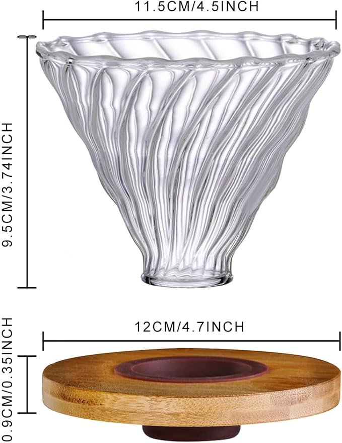 Gute Glass Pour Over Coffee Dripper with Bamboo Stand,1-4 Cups | Spiral Inner Design,Heatproof Glass,Detachable Base,Quick Rinse Clean,Fits Mugs & Carafes,Home Office,Lightweight