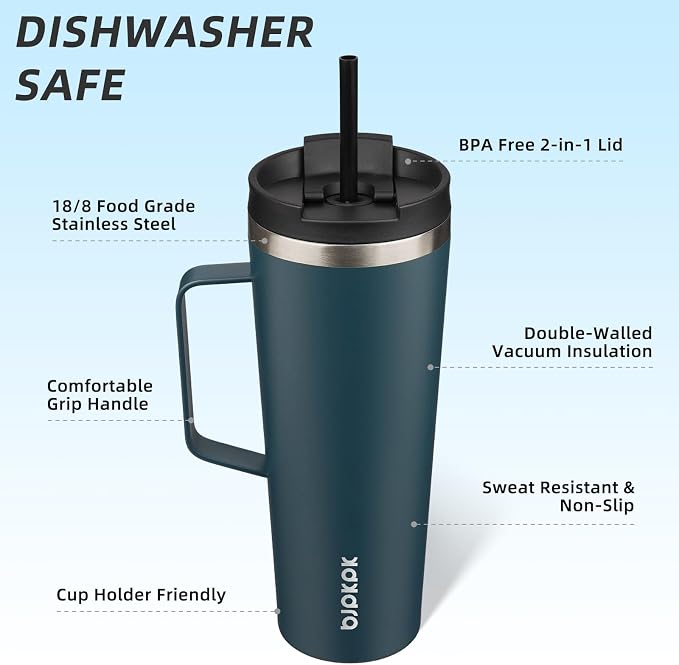 BJPKPK 26oz Insulated Tumbler with Handle, Lid & Straw, Stainless Steel | Double Wall Vacuum Insulated Coffee Travel Mug - Keeps Cold & Hot, BPA Free, Cupholder Fit for Office, Gym & Travel