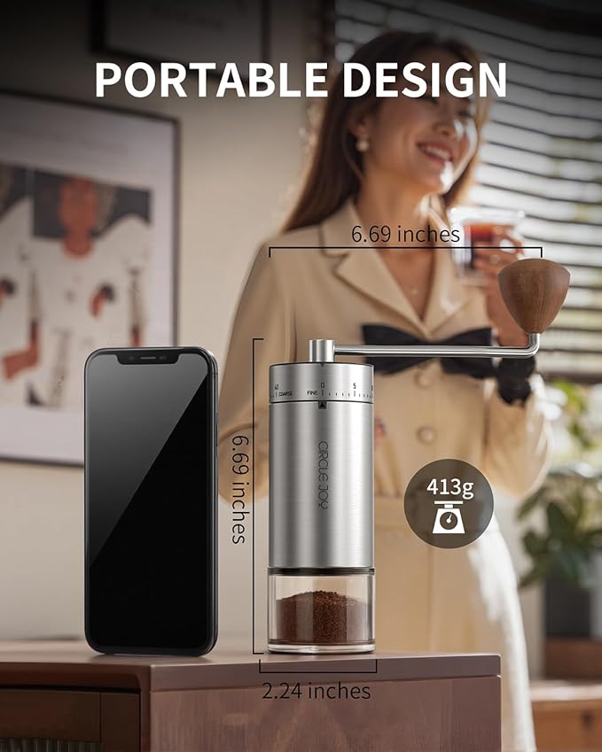 CIRCLE JOY Manual Coffee Grinder with 40 External Adjustable Settings, Stainless Steel Burr Coffee Bean Grinder, Portable Hand Coffee Grinder for Home and Travel, Silver