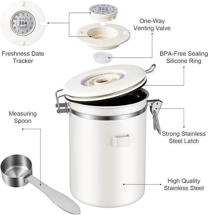 Kirecoo 22OZ Airtight Stainless Steel Coffee Canister with Date Tracker | With Measuring Scoop, Food Grade Safe, For Coffee Beans & Grounds, Multi-Use for Cereal Sugar Tea Flour, Ideal Kitchen Gift