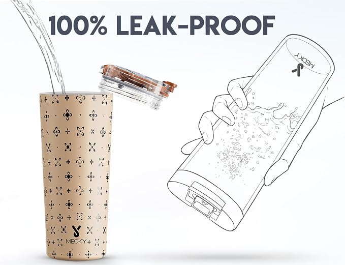 Meoky 24 oz Insulated Travel Coffee Mug: Leak Proof Lid, Mocha Cross | Stainless Steel Coffee Tumbler, Keeps Hot for 8 Hours or Cold for 24 Hours, Fits in Car Cup Holder, BPA Free