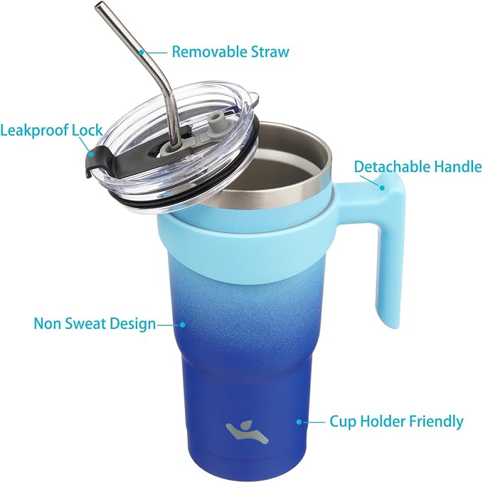 Konokyo 20 oz Tumbler with Handle and Straw, Insulated Travel Mug | Sky; BPA-free, leak-proof tumbler with 2 lids, 2 straws, cup holder fit for coffee, office, travel & daily use