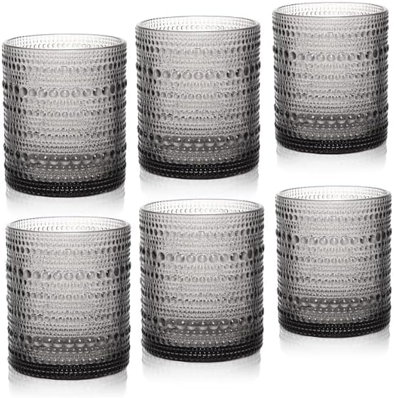 Cocktail Glasses 10 oz Hobnail Drinking Glasses Set of 6, Vintage Glassware, Textured Glass Cups Bubble Glasses Water Glasses Old Fashion Jupiter Glasses Set, Grey