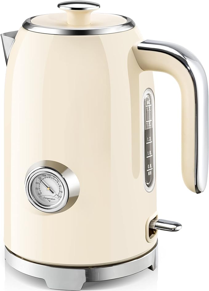 SUSTEAS 57oz Electric Kettle with Thermometer, Hot Water Pot, Beige | Electric Tea Kettle for Boiling Water, 1500W Stainless Steel Pot, Cordless LED Indicator, Auto Shut-Off & Boil Dry Protection